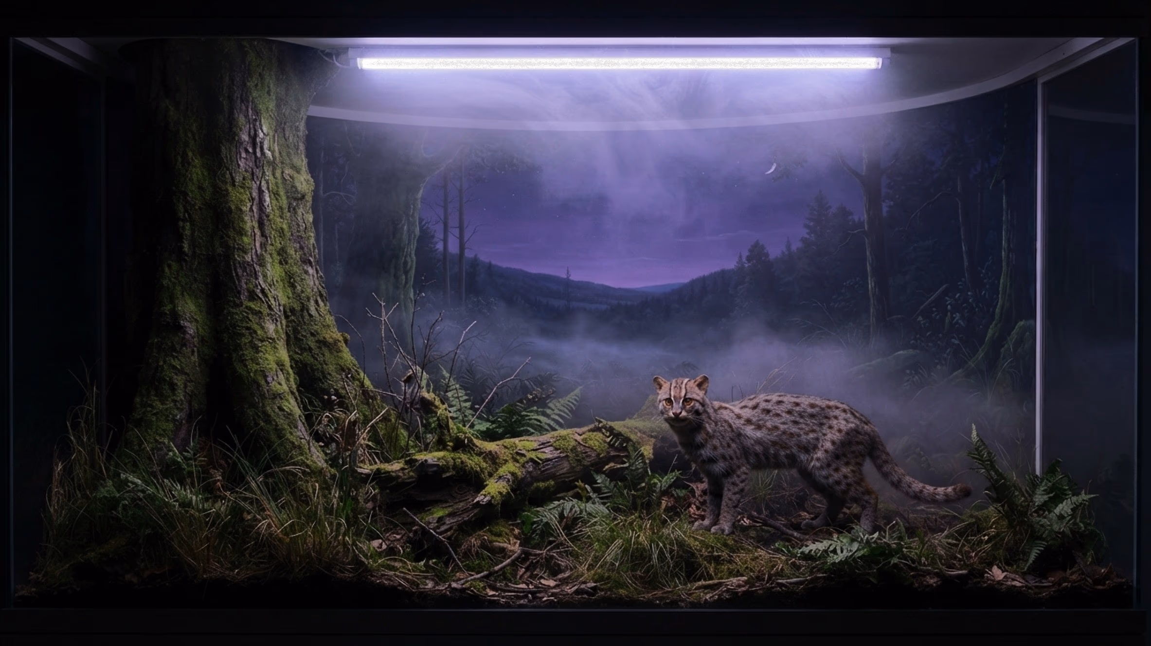 A habitat diorama: a mossed trunk, a fallen log and a small wild cat under a violet painted night, fog lying across the case